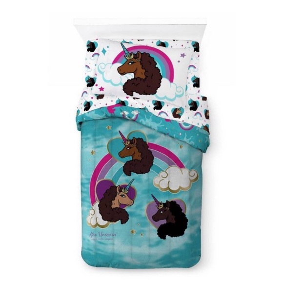 Afro Unicorn Bundle Flat Sheet Fitted Sheet Pillowcase Comforter - Picture 3 of 3